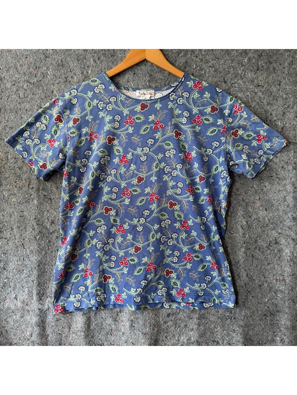 Talbots Top L Blue Floral Cotton Short Sleeve Vintage Cottagecore